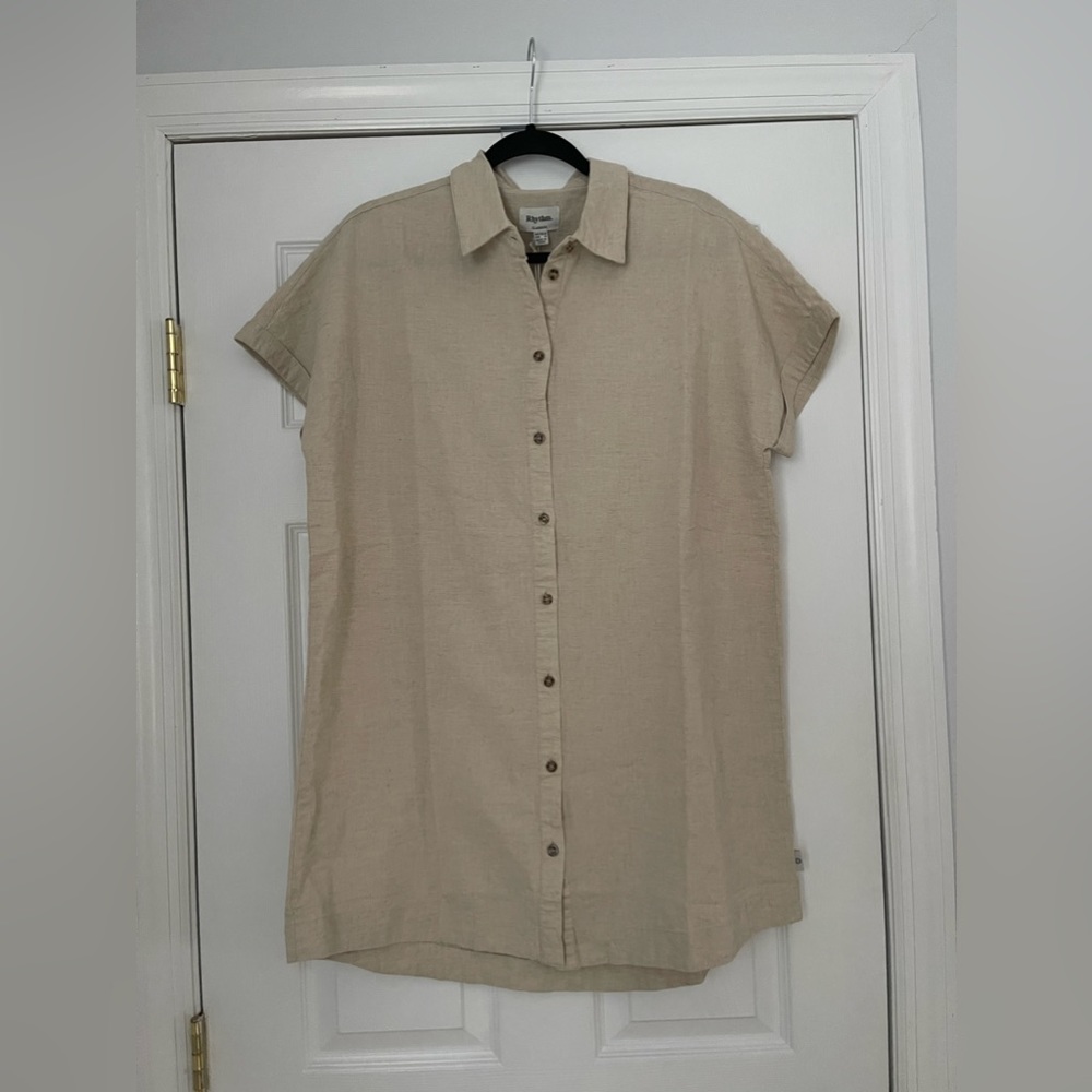 Rhythm Livin Classic Beige Linen Short Sleeve Shirt Dress